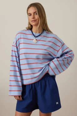 Ceres Life Beau Long Sleeve Slouchy Tee - China Blue/ Vintage Red Double Stripe