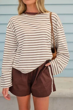 Ceres Life Beau Long Sleeve Slouchy Tee - Milk/ Brunette Brown Stripe