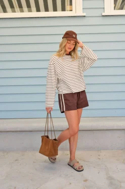 Ceres Life Beau Long Sleeve Slouchy Tee - Milk/ Brunette Brown Stripe