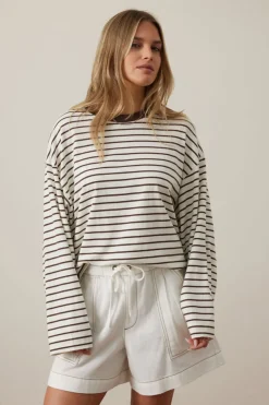 Ceres Life Beau Long Sleeve Slouchy Tee - Milk/ Brunette Brown Stripe