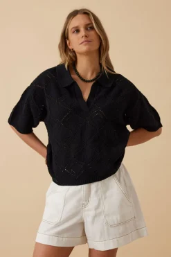 Ceres Life Demi Diamon Knit Collared Tee - Black