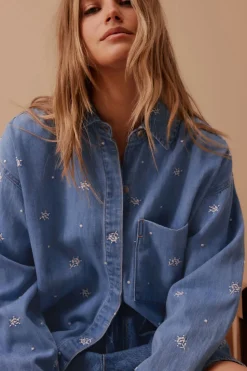 Ceres Life Embroidered Denim Shirt - Vintage Blue Flower