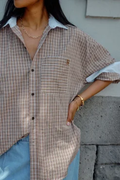 Ceres Life Peta Oversized Poplin Shirt - Toffee Check
