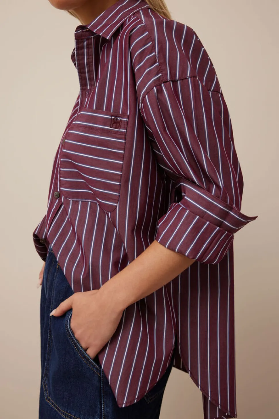 Ceres Life Peta Oversized Poplin Shirt - Burgundy Washed Navy Stripe