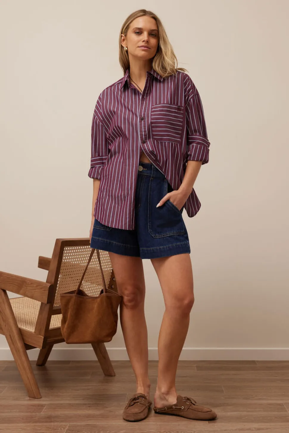 Ceres Life Peta Oversized Poplin Shirt - Burgundy Washed Navy Stripe