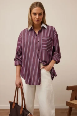 Ceres Life Peta Oversized Poplin Shirt - Burgundy Washed Navy Stripe White Collar