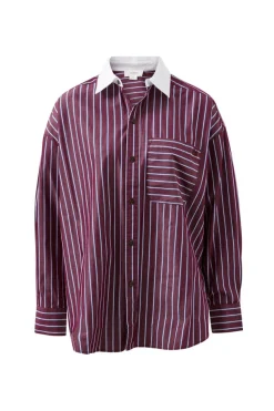 Ceres Life Peta Oversized Poplin Shirt - Burgundy Washed Navy Stripe White Collar