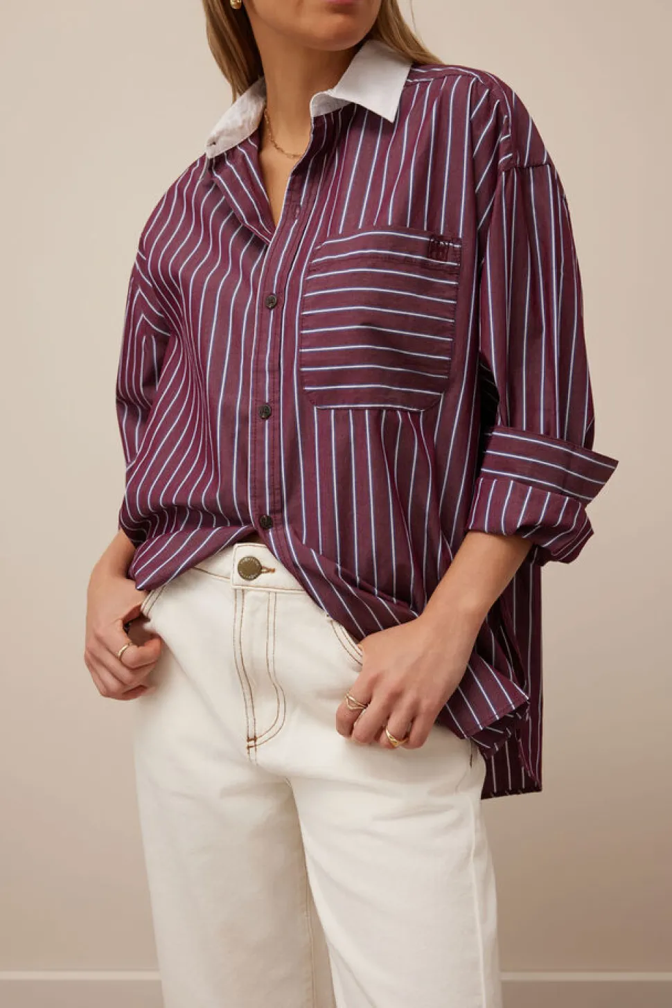 Ceres Life Peta Oversized Poplin Shirt - Burgundy Washed Navy Stripe White Collar