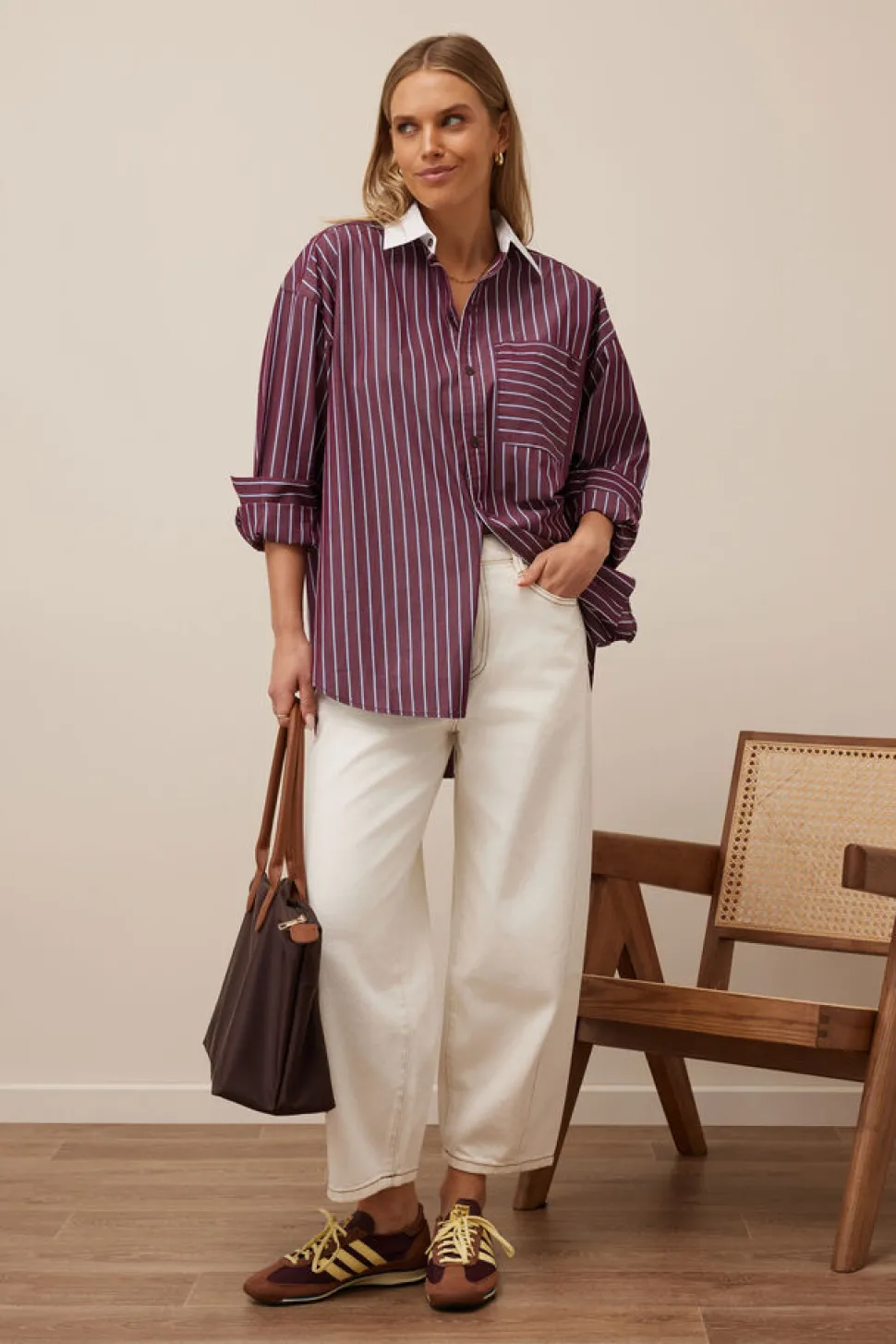 Ceres Life Peta Oversized Poplin Shirt - Burgundy Washed Navy Stripe White Collar