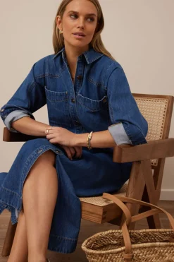 Ceres Life Rae Long Sleeve Midi Dress - Fresh Indigo