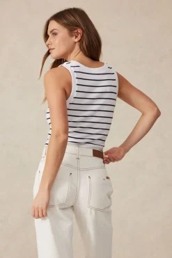Ceres Life Zoe Contour Rib Scoop Tank - White/New Navy Monogram Embroidery