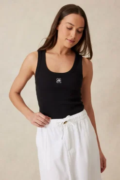 Ceres Life Zoe Contour Rib Scoop Tank - Black/White Monogram Embroidery
