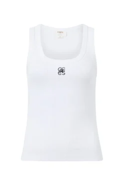 Ceres Life Zoe Contour Rib Scoop Tank - White/Black Monogram Embroidery