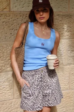 Ceres Life Zoe Contour Rib Scoop Tank - Powder Blue Monogram Embroidery