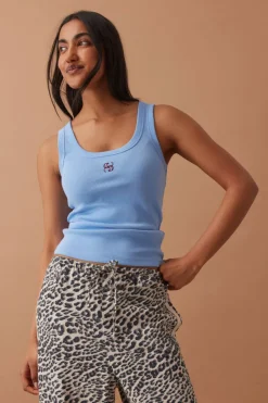 Ceres Life Zoe Contour Rib Scoop Tank - Powder Blue Monogram Embroidery