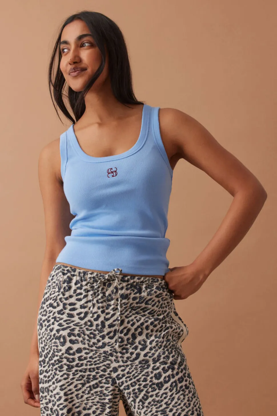 Ceres Life Zoe Contour Rib Scoop Tank - Powder Blue Monogram Embroidery