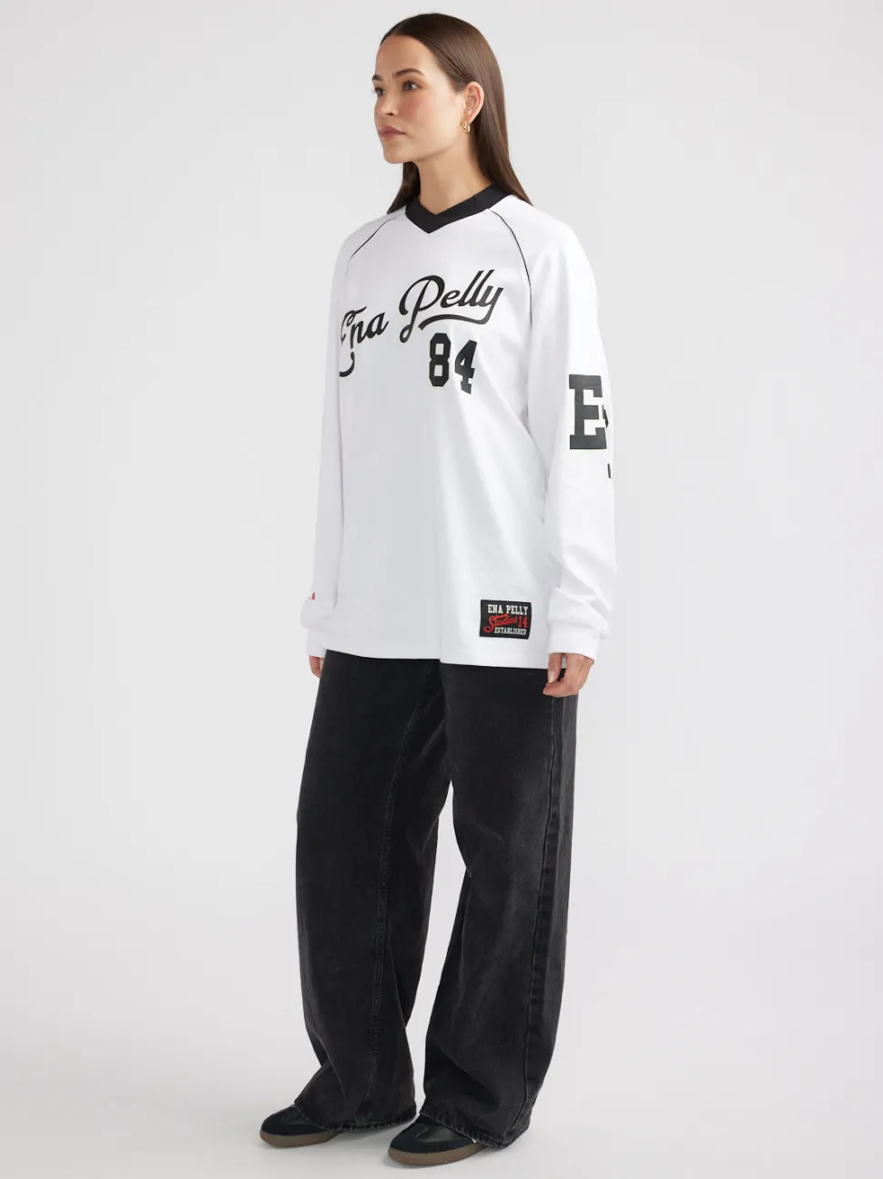 Ena Pelly Script Jersey Long Sleeve Tee - White