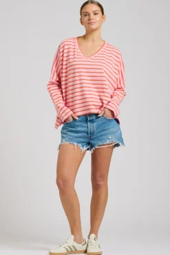 Est 1971 Breton Cotton Long Sleeve Top - Melon & Pink
