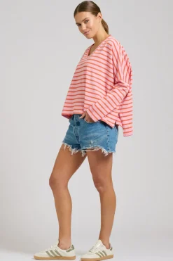 Est 1971 Breton Cotton Long Sleeve Top - Melon & Pink