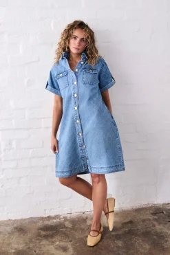 Kireina Simone Dress - Check Stitch 70's Blue
