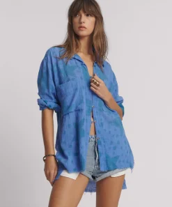 One Teaspoon Polka Star Hand Print Muslin Longline Shirt - Blue