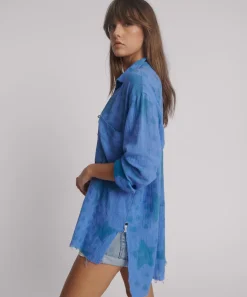 One Teaspoon Polka Star Hand Print Muslin Longline Shirt - Blue