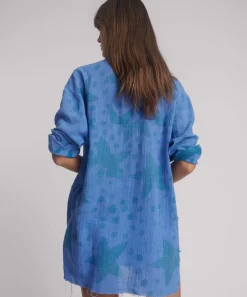 One Teaspoon Polka Star Hand Print Muslin Longline Shirt - Blue