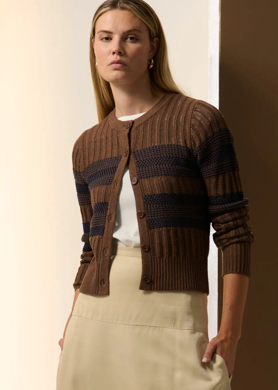 POL Sable Cardigan Striped - Choc/Ink