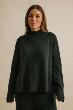 Talamaya Harmony Merino Cotton Mock Neck Pullover - Pine